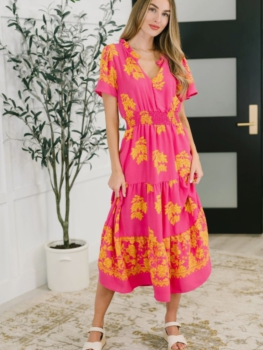 Haptics Bright Pink & Yellow Floral Maxi Dress